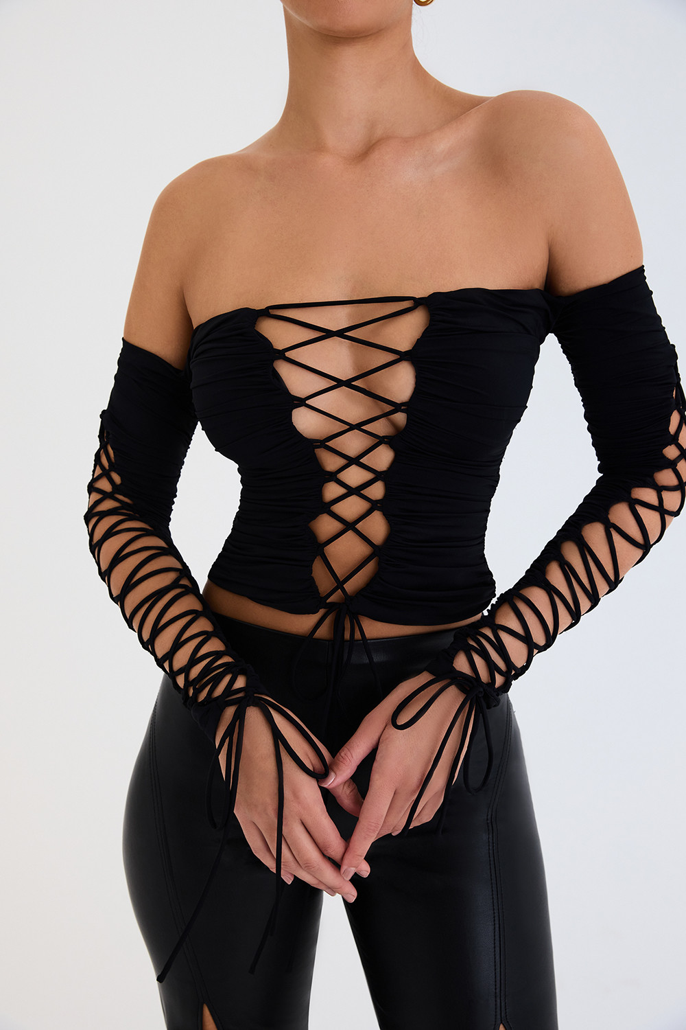 Sexy Boob Tube Top Lade Up Strapless Dress With Long Sleeves And